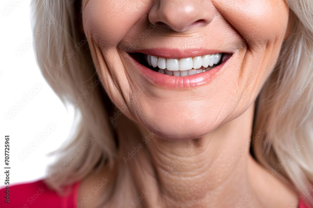 A close-up shot of the lower portion of a mature woman's face. She Charming smile with immaculate teeth for dental service promotions A close-up shot of the lower portion of a mature woman's face. She Charming smile with immaculate teeth for dental service promotions