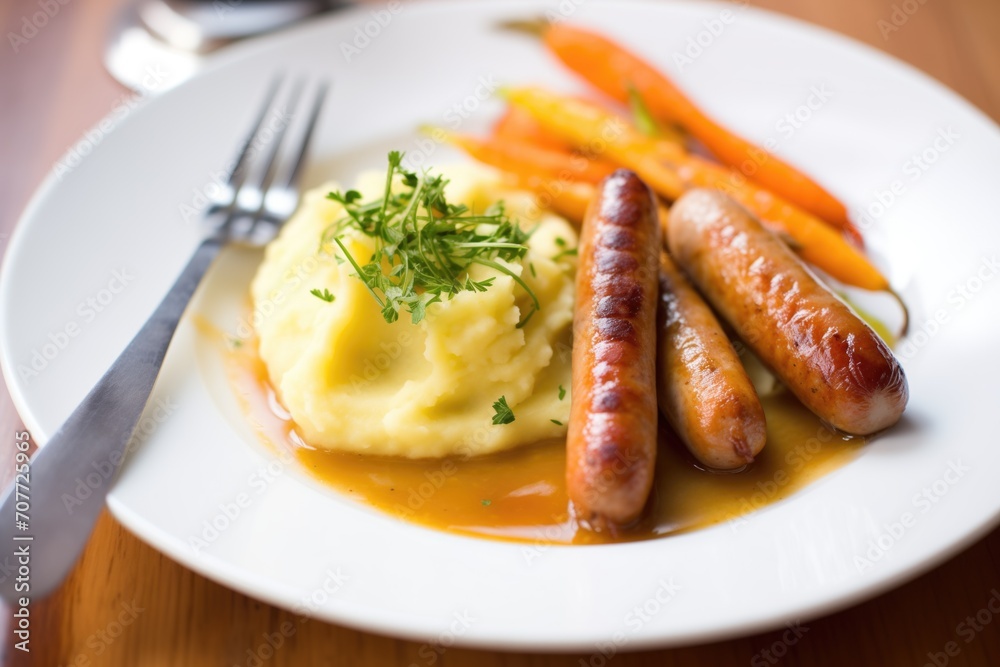 bangers and mash meal with steamed carrots bangers and mash meal with steamed carrots