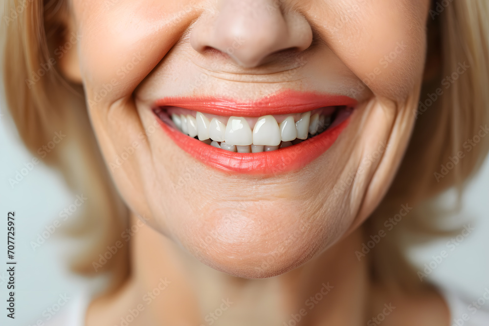 A close-up shot of the lower portion of a mature woman's face. She Charming smile with immaculate teeth for dental service promotions