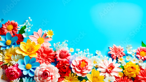 Bunch of flowers that are on blue and white background with blue sky in the background.