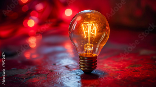Illuminated old style tungsten light bulb energy waste concept, glowing lightbulb