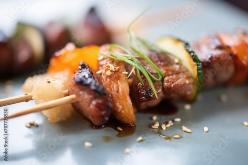 close-up of beef teriyaki skewers with grilled marks