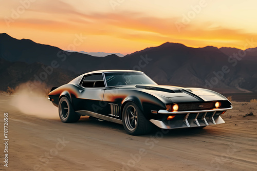 A Classic Black Muscle Car, A Black Car On A Dirt Road With Mountains In The Background © netsign