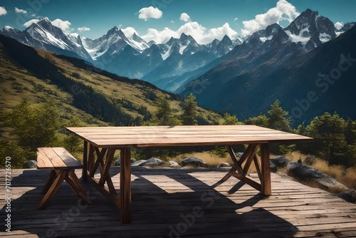 wooden table top with the mountain landscape beautiful view 