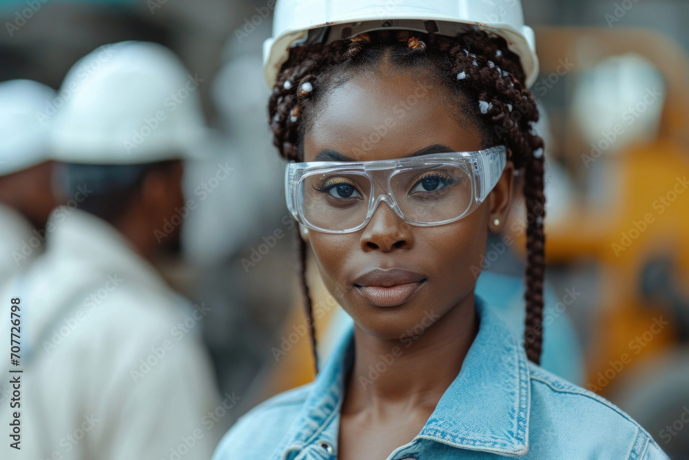 Professional engineer girl in a hard hat working on an industrial project.