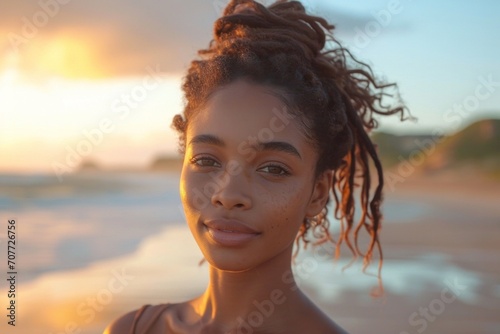 Young woman with curly hair enjoys a summer beach day, radiating beauty and happiness.