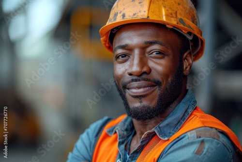 Confident industrial worker wearing helmet showing professionalism and confidence on construction site.