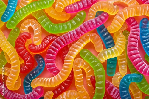 pile of colorful gummy worms set against a pink background. The worms are arranged in a random pattern and come in various shades of pink, red, yellow, and green.