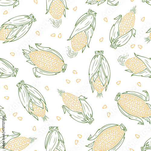 Maize. Outline Corn Cobs Seamless Pattern. Vector Vegetable Background.