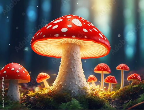 Illustration of a fly agaric mushroom in a forest with bokeh lights. 