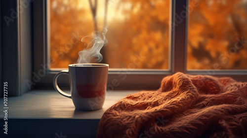 Photographie Cup of hot autumn coffee or tea on the window.