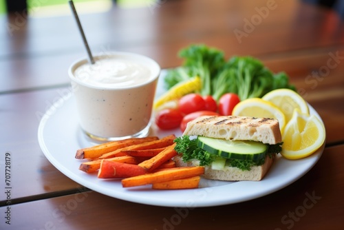 garlic cashew aioli spread on veggie burger, side of fries