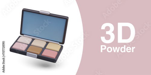 Poster with realistic open case with different colors of eyeshadow. Cosmetic powder palette. Face and eye correction using makeup. Vector illustration in 3d style with place for text