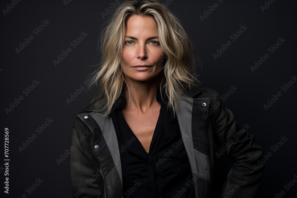 Portrait of a beautiful blonde woman in a black jacket on a dark background Portrait of a beautiful blonde woman in a black jacket on a dark background