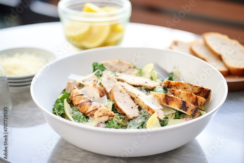 fresh caesar salad in a white bowl with grilled chicken slices on top