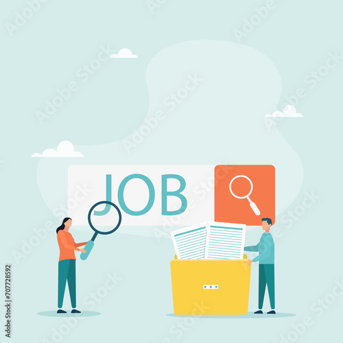 Employees are looking for work. Unemployed people using a magnifying glass look for a vacancy in the search bar. Unemployment. Career, find an opportunity, a job. Vector illustration.
