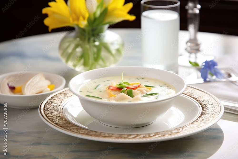 elegant presentation of clam chowder in fine china elegant presentation of clam chowder in fine china