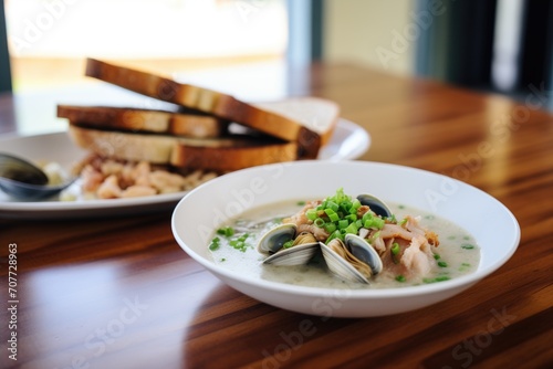 clam chowder with a side of sourdough bread slices