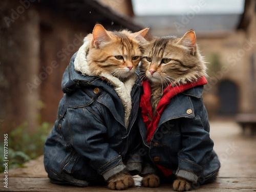 two cats in jackets are hugging on the street. Generative AI photo