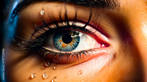 Close up of person's eye with drops of water on it.