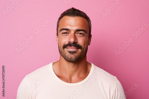 Portrait of a handsome young man with beard and mustache on pink background © Iigo