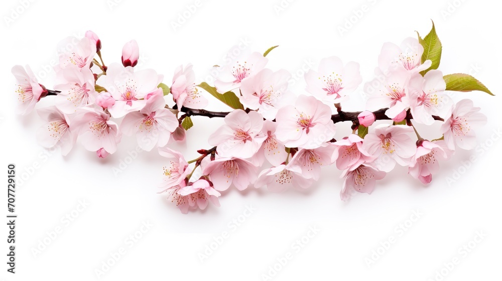 Spring sakura cherry blooming flowers bouquet. Isolated realistic pink petals, blossom, branches, leaves vector set. Design spring tree illustration, generative ai