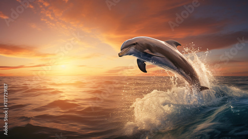 Dolphin jumping out of the water with sunset