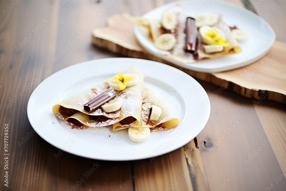 folding chocolate crepes with banana slices