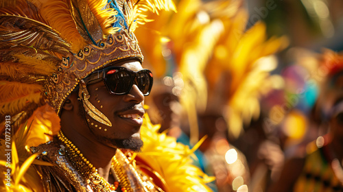 A carnival with a parade of floats masqueraders in elaborate costumes and rhythmic music. © Peter