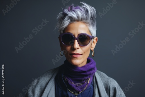 Portrait of beautiful mature woman with short hair wearing sunglasses and purple scarf