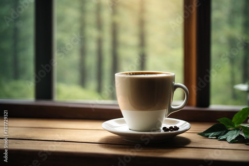 A white mug of hot coffee on wooden table in the morning