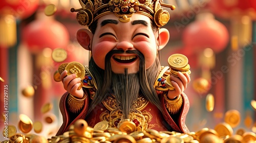 A cute Chinese king holding gold coins in his hands, Cartoon 3d. Generative AI.
