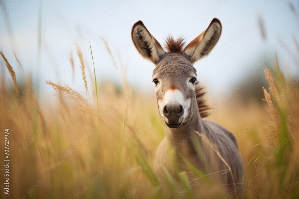 curious donkey with sharp ears amidst tall grasses