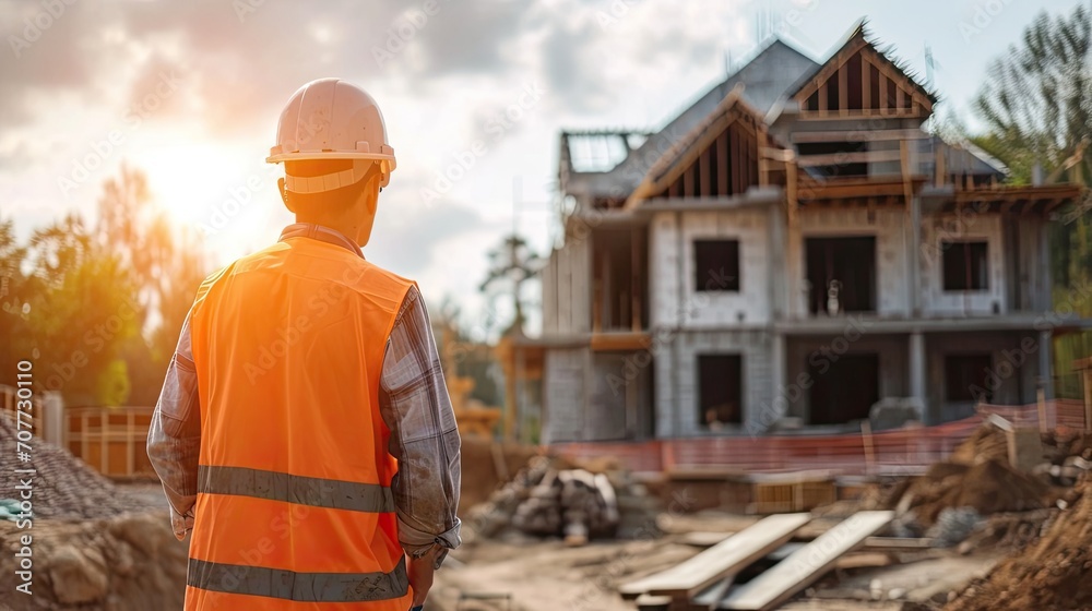 Construction engineer standing with his back and watches at a house building construction. wearing a helmet and orange safety vest. Blurry background. Construction engineer standing with his back and watches at a house building construction. wearing a helmet and orange safety vest. Blurry background.