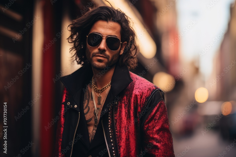 Handsome young man with long curly hair wearing a red jacket and sunglasses is walking in the city. Handsome young man with long curly hair wearing a red jacket and sunglasses is walking in the city.