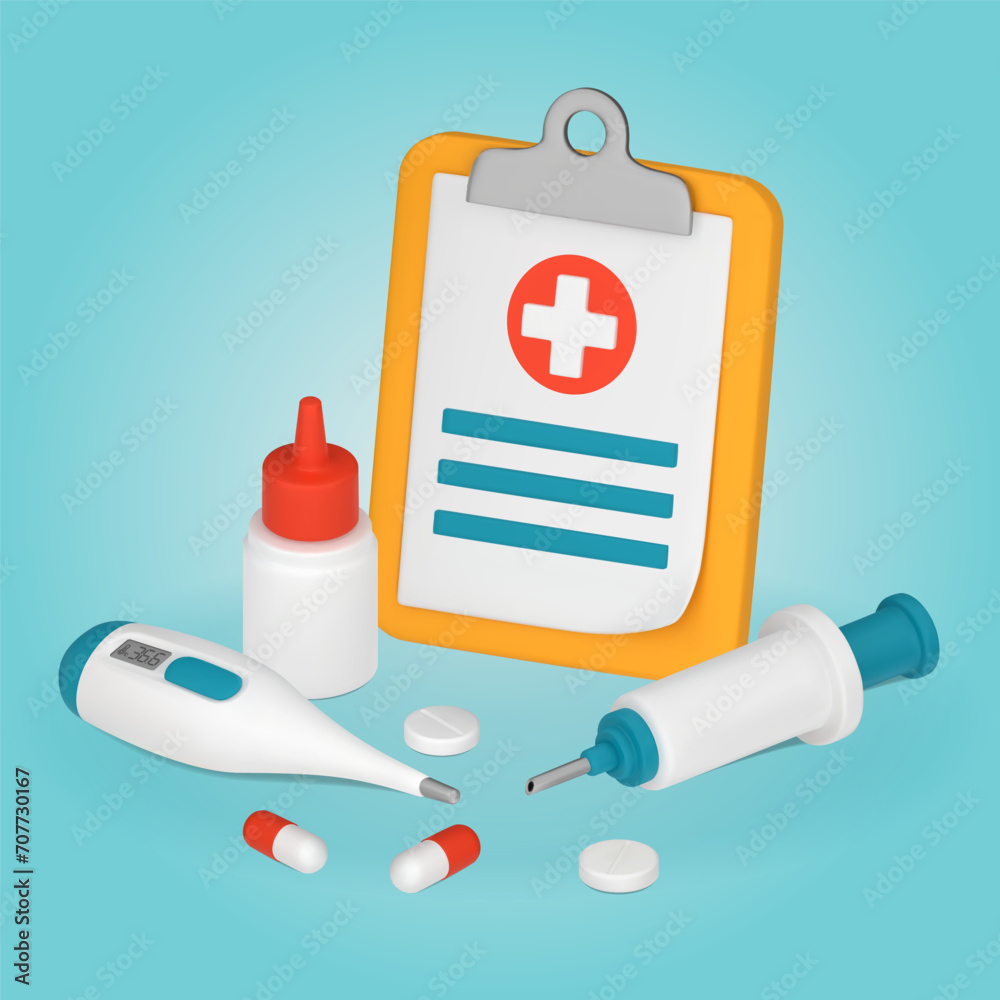 A Clipboard with a Red Cross. Medical equipment, thermometer, syringe, tablets, capsules. 3D vector illustration A Clipboard with a Red Cross. Medical equipment, thermometer, syringe, tablets, capsules. 3D vector illustration