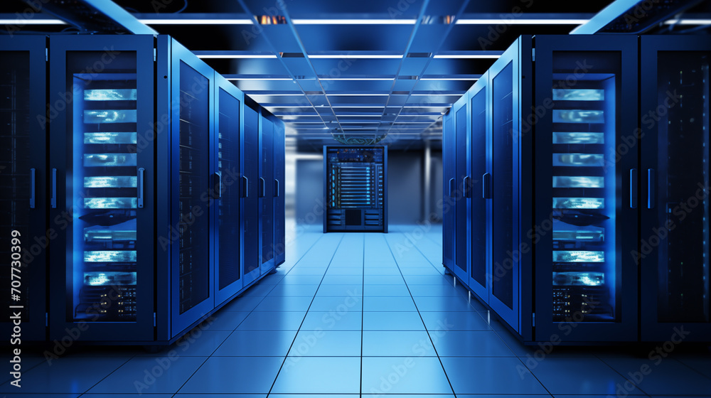 The image depicts an illuminated blue data center with server racks. The image depicts an illuminated blue data center with server racks.