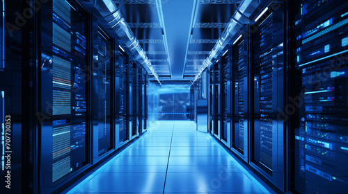 The image depicts an illuminated blue data center with server racks.