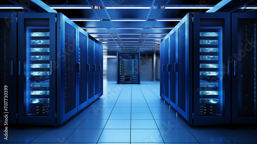 The image depicts an illuminated blue data center with server racks.