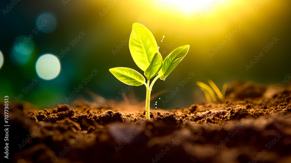 Small green plant sprouts from the ground in the sun light. Small green plant sprouts from the ground in the sun light.