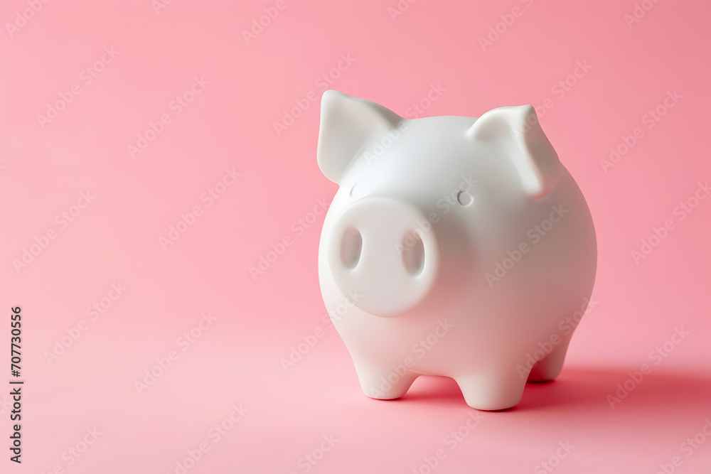 Investment concept - whitet pig shaped moneybox, pink solid color background