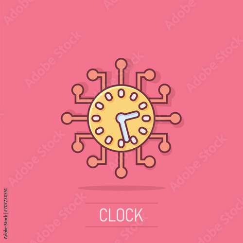 Real time icon in comic style. Clock vector cartoon illustration on white isolated background. Watch business concept splash effect.