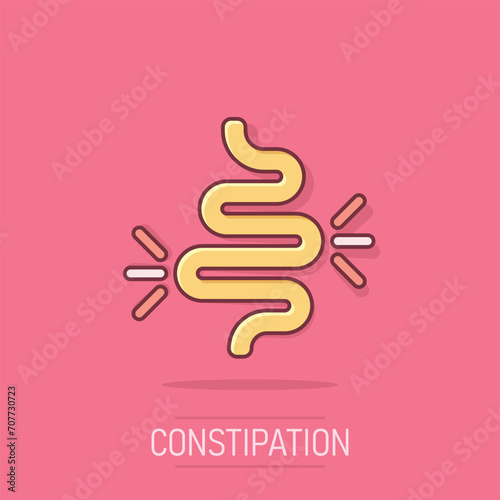 Gut constipation icon in comic style. Colitis vector cartoon illustration on white isolated background. Stomach business concept splash effect.