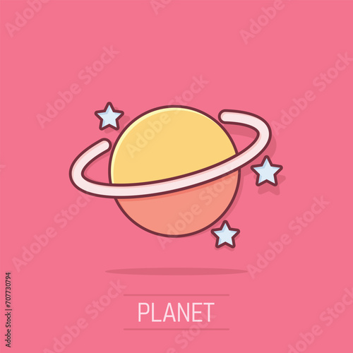 Saturn icon in comic style. Planet vector cartoon illustration on white isolated background. Galaxy space business concept splash effect.