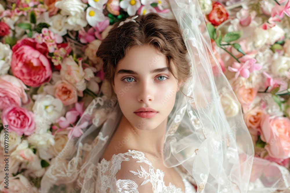 Studio portrait of a young European woman with a romantic bridal theme, wearing a wedding dress and veil, isolated on a floral background