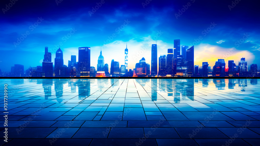 View of city skyline from across the water with tiled floor.