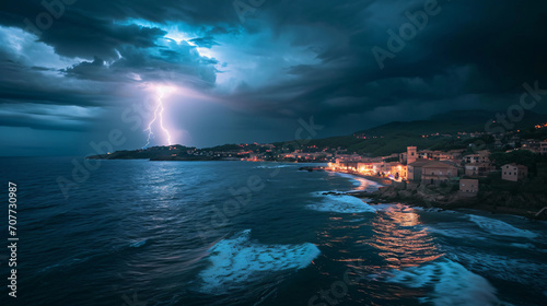 A coastal town experiencing a heavy thunderstorm with torrential rain lightning illuminating the sky and rough sea waves. © Peter