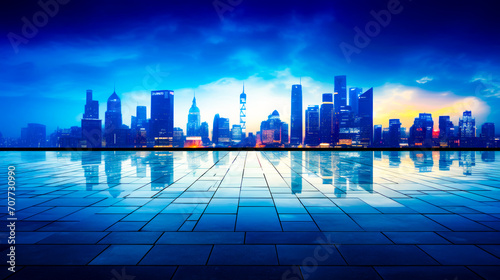 View of city skyline from across the water with tiled floor.
