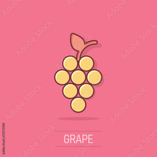 Grape fruits sign icon in comic style. Grapevine vector cartoon illustration on white isolated background. Wine grapes business concept splash effect.