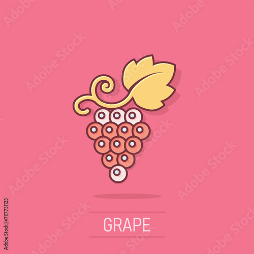 Grape fruits sign icon in comic style. Grapevine vector cartoon illustration on white isolated background. Wine grapes business concept splash effect.